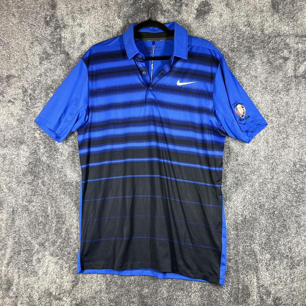 Nike Polo Shirt Mens M Blue Striped Dri-FIT Golf Moisture Wicking Tagless